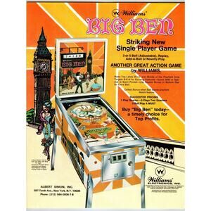 Big Ben Pinball Machine FLYER Original 1975 Retro London Clock Tower 8.5" x 11